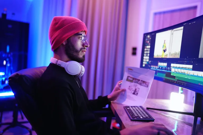 Monteur vidéo devant un écran incurvé travaillant sur un montage dans DaVinci Resolve