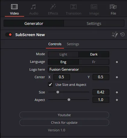 YouTube Subscreen settings in the DaVinci Resolve inspector
