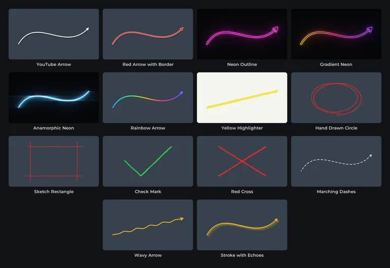 The 14 Traces Pro presets, from the YouTube arrow to the stroke with echoes