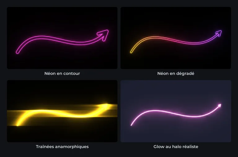 Quatre flèches en néon faites avec Traces Pro : néon en contour, néon en dégradé, traînées anamorphiques et glow au halo réaliste