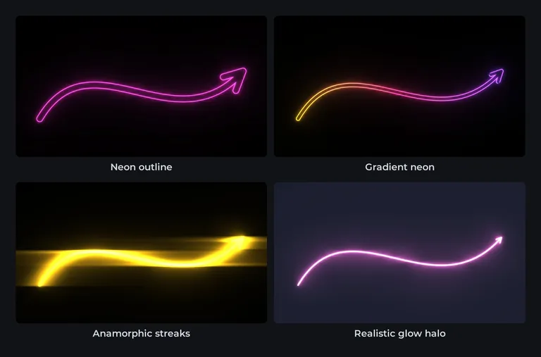 Four neon arrows made with Traces Pro: neon outline, gradient neon, anamorphic streaks and realistic glow halo