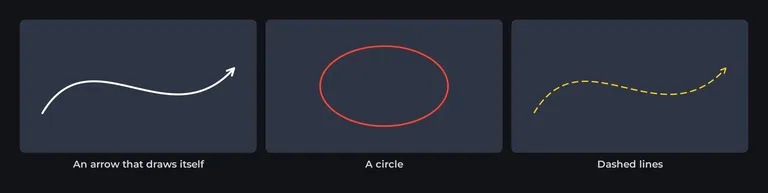 Three examples made with Traces Lite: an arrow, a circle and dashed lines