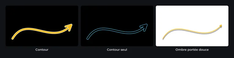 Une flèche avec contour, une flèche en contour seul et une flèche avec ombre portée douce