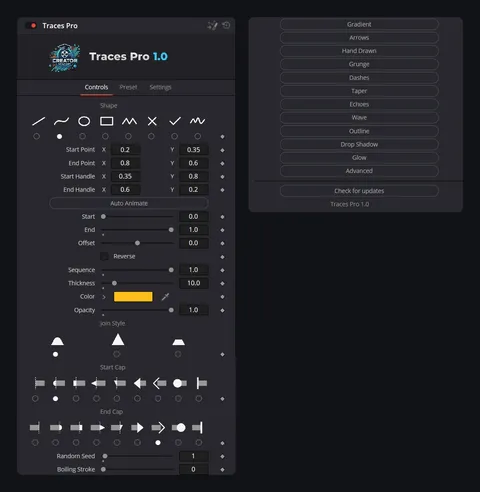 The Traces Pro inspector in DaVinci Resolve: icons for shapes, join styles and caps, then the options to unfold, from Gradient to Glow